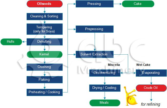 Diagramme complet de traitement des graines oleagineuses et des noix